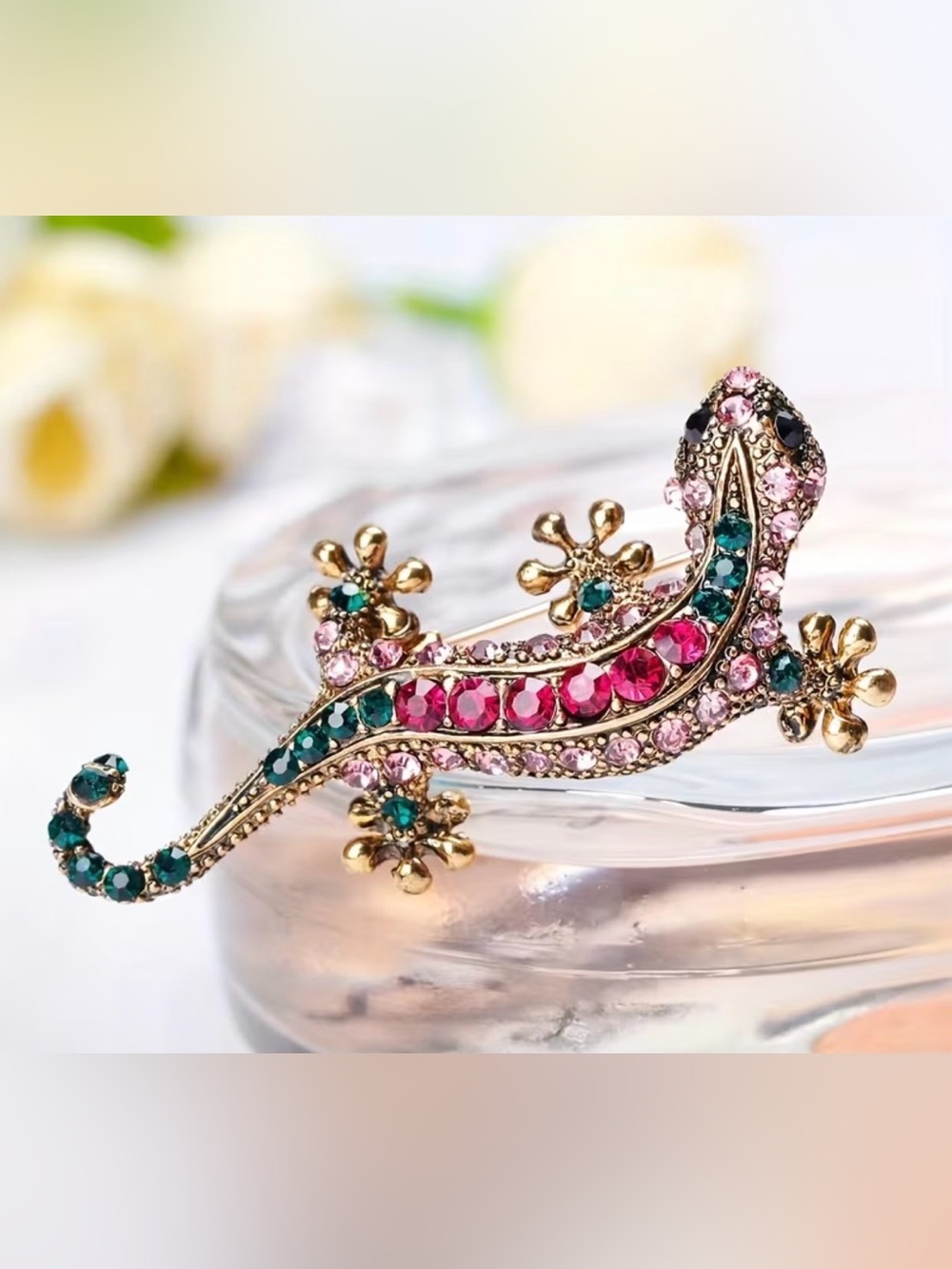 Gold-Tone Pink & Green Crystal Lizard Brooch new